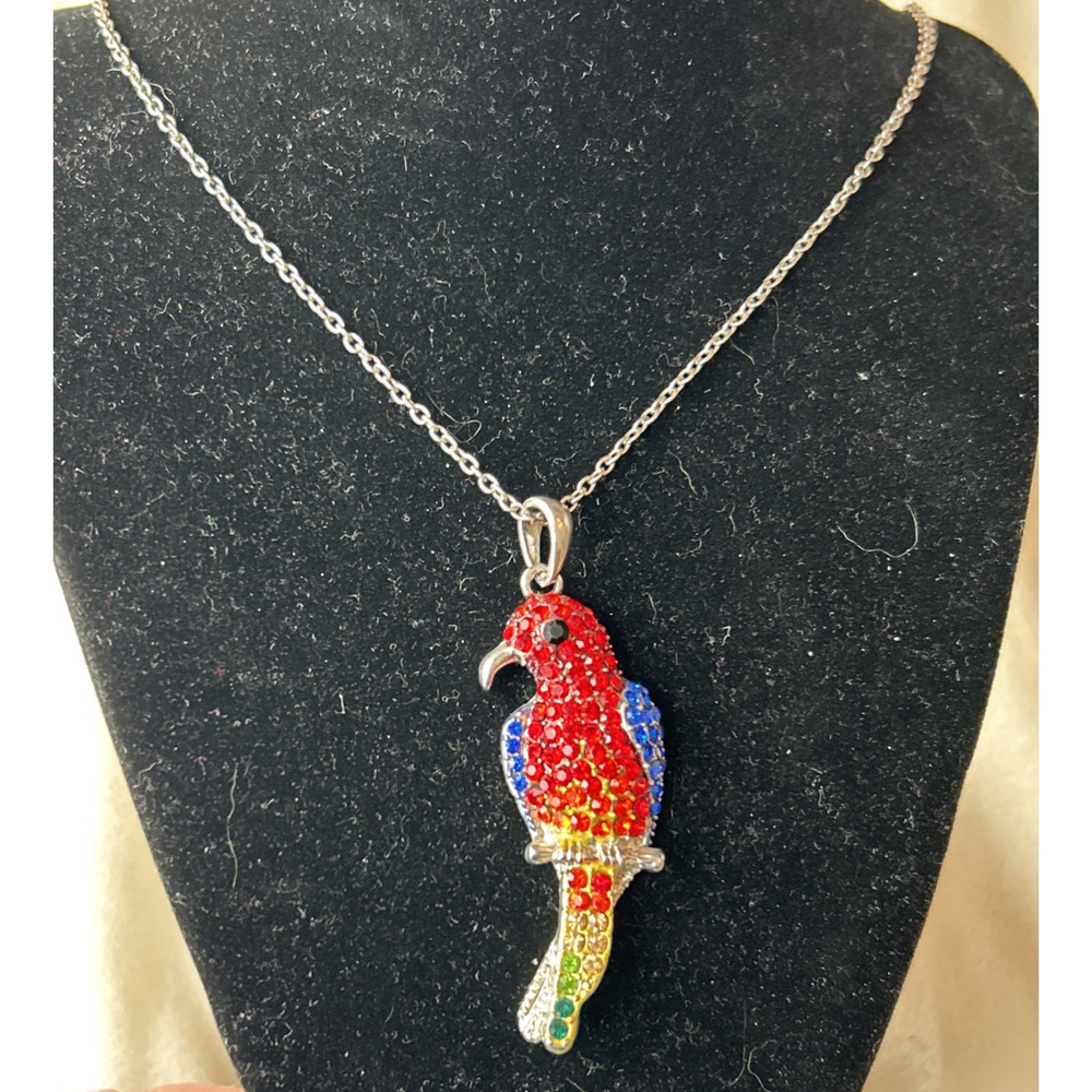 BLING! Red Blue Rhinestone Parrot Bird Pendant Necklace 17" Silver Tone Chain